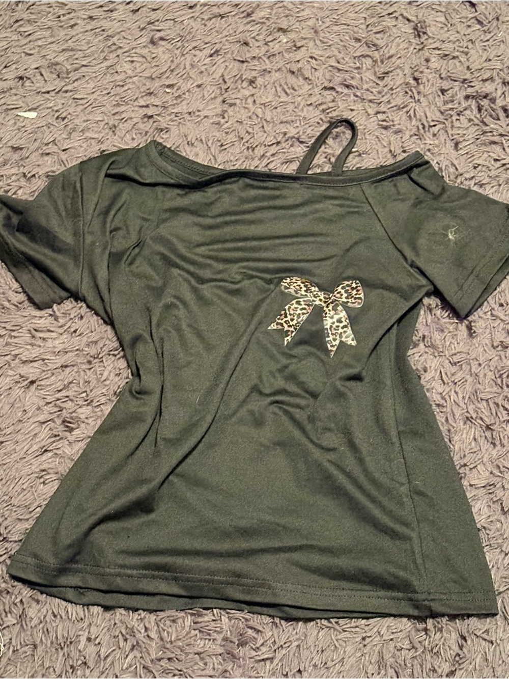 Black Off-Shoulder Short Sleeve Top with Leopard Bow